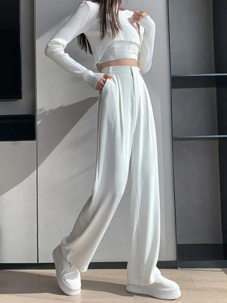 Pantalon en tissu taille haute pour femmes avec poches