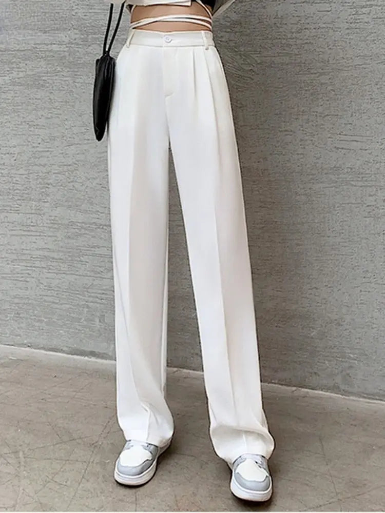 Pantalon en tissu taille haute pour femmes avec poches
