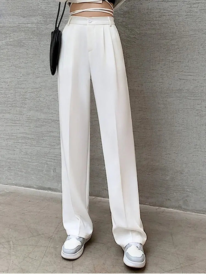 Pantalon en tissu taille haute pour femmes avec poches