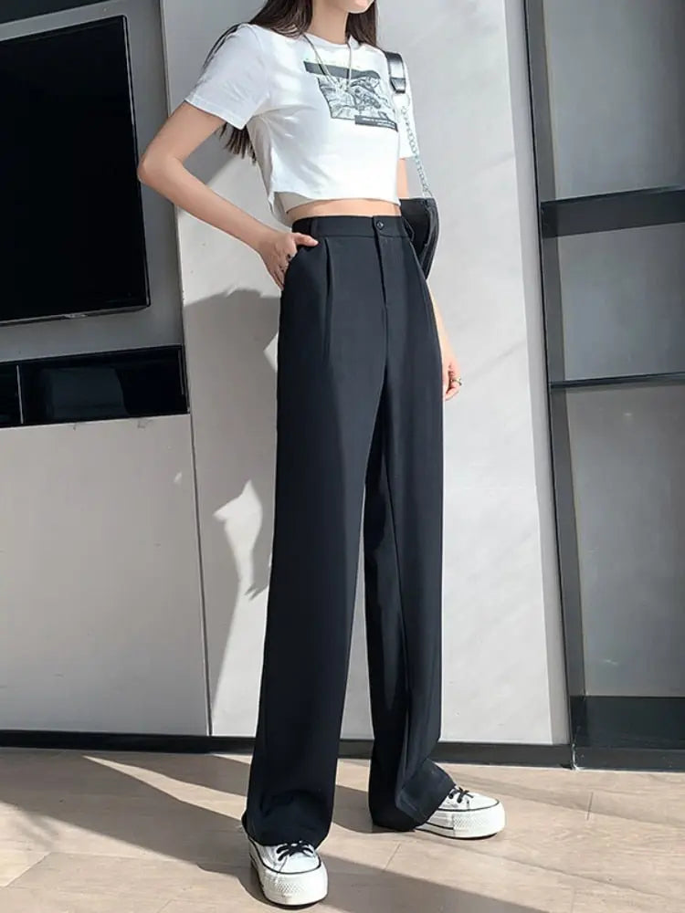 Pantalon en tissu taille haute pour femmes avec poches