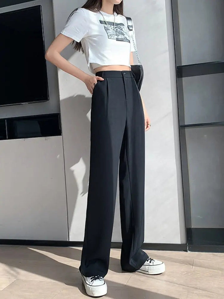 Pantalon en tissu taille haute pour femmes avec poches