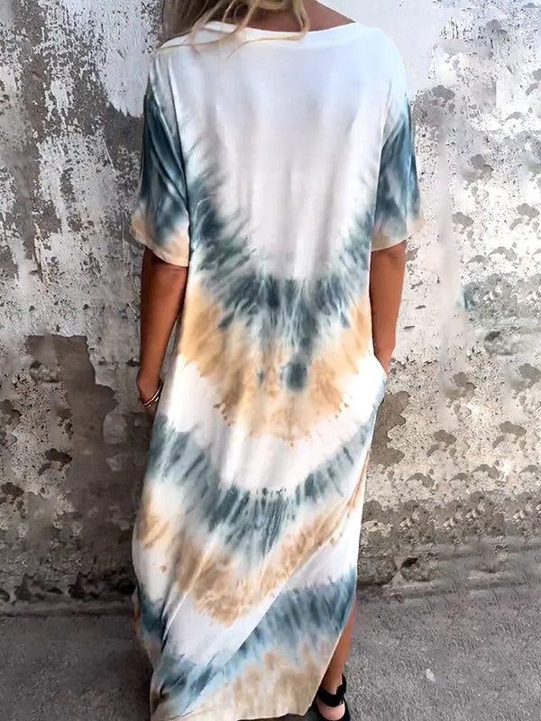 Robe trapèze ample avec poches de couleur contrastée et col en V teint par nouage