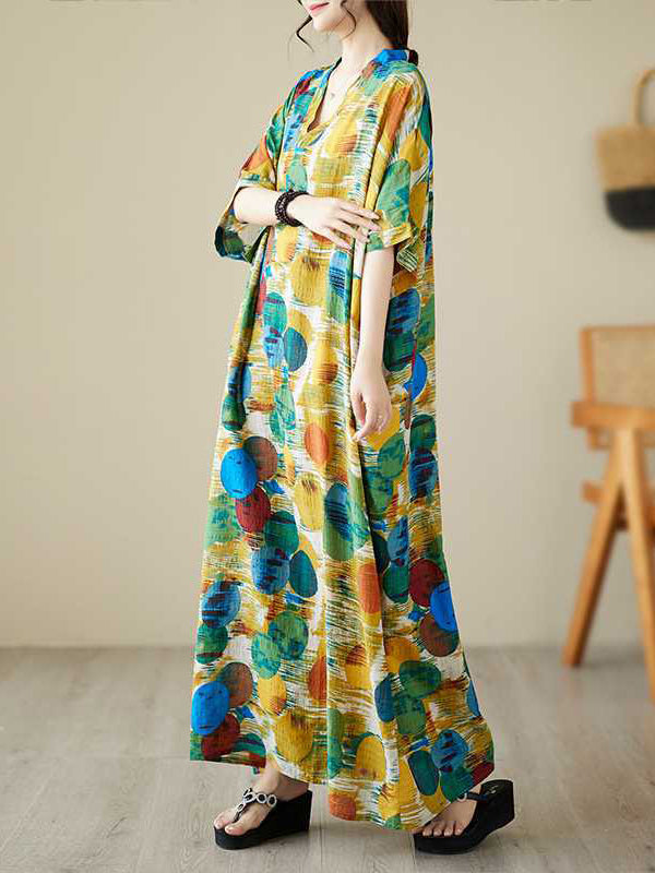 Robe longue à manches chauve-souris, à manches mi-longues, à pois, à col en V, couleur contrastée