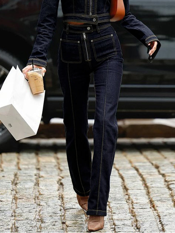 Jean taille haute, à poches, à fermeture éclair