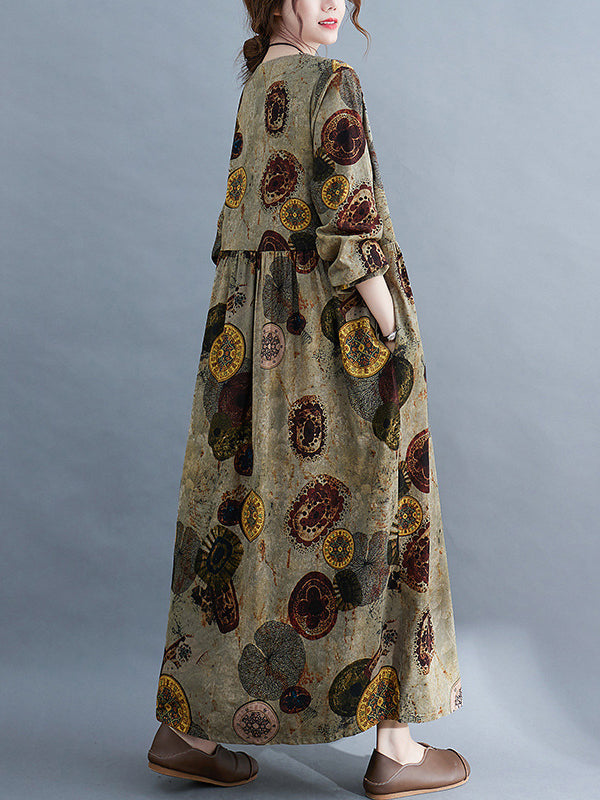 Robe longue artistique ample imprimée rétro, à manches longues, à col rond