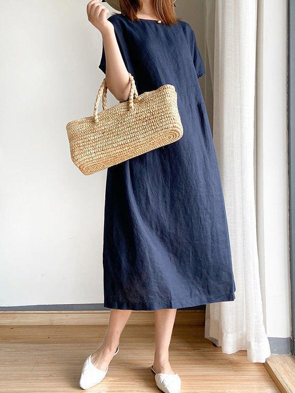 Robe mi-longue décontractée ample à col rond, couleur unie