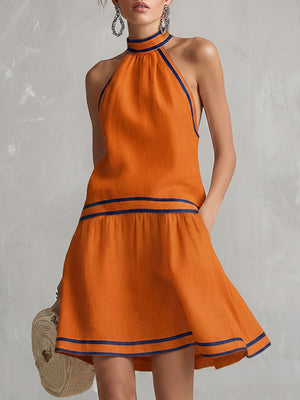 Robe courte sans manches, à poches, à fermeture éclair, à col licou, couleur contrastée