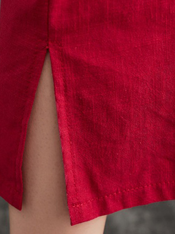 Robe trapèze ample avec boutons de grenouille chinoise, poches, couleur unie, fendue sur le côté, col en v, robes mi-longues