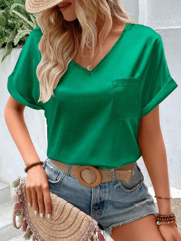 T-shirt ample à manches courtes, à poches, à col en V, couleur unie