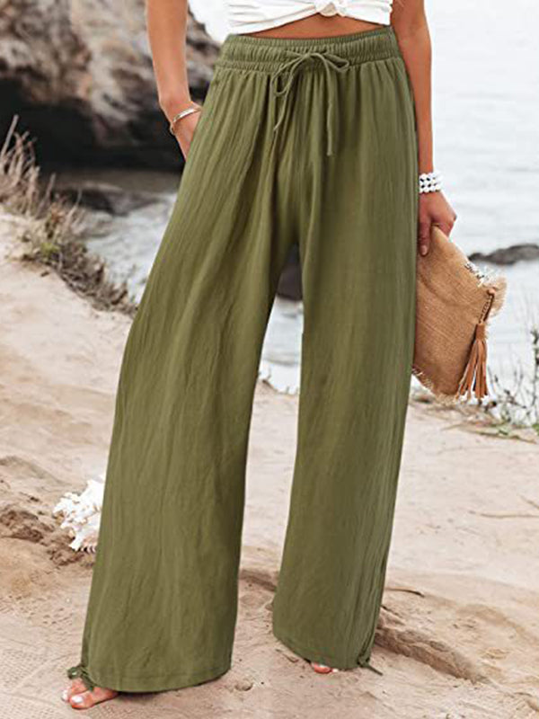 Pantalon ample à jambes larges, à cordon de serrage, à taille élastique, couleur unie