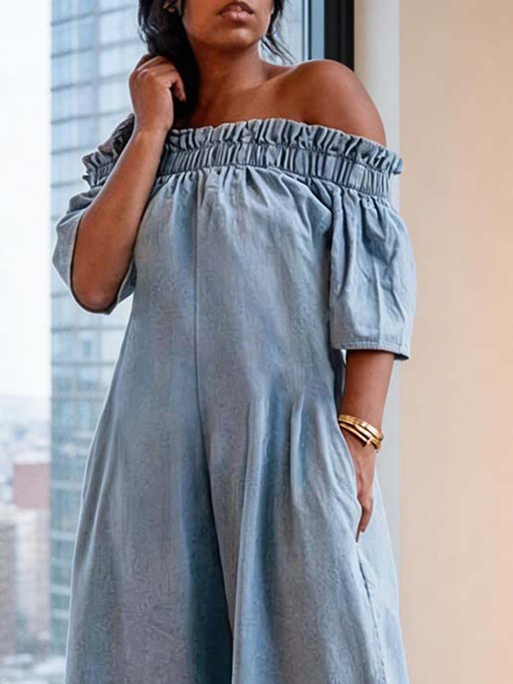 Combinaison ample plissée extensible élastique à manches courtes, à empiècements, à épaules dénudées, couleur unie