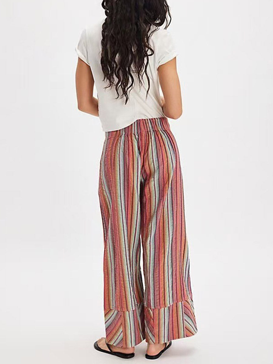 Pantalon imprimé rayé à taille élastique, taille haute, à empiècements, couleur contrastée