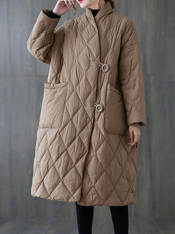 Manteau artistique boutonné matelassé vintage, rétro, à col montant, à manches longues, couleur unie