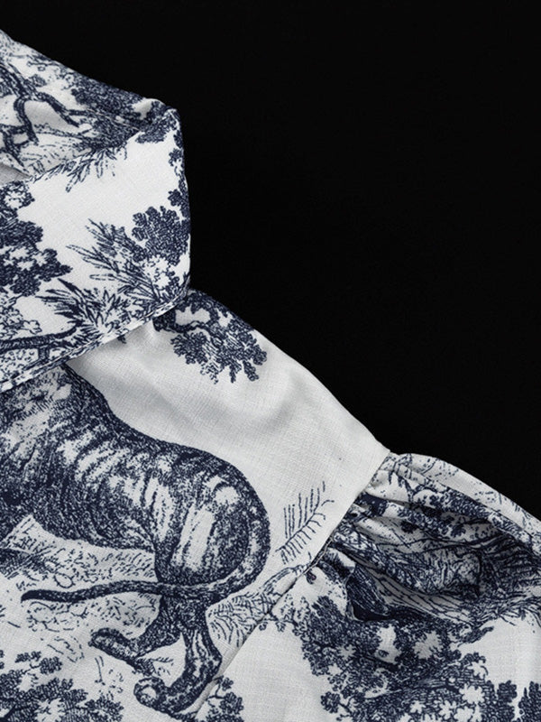 Robe chemise ample plissée imprimée à manches bouffantes, à empiècements, à taille nouée, à col revers
