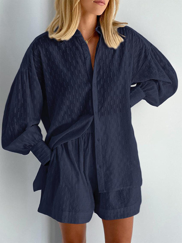 Ensemble deux pièces boutonné à ourlet plongeant, à manches longues, en jacquard, à col revers, couleur unie – chemise + haut + short