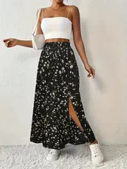 Maria | Jupe maxi imprimée florale avec taille haute et fente latérale