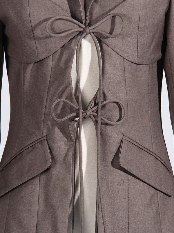 Blazer ample noué à manches longues, à poches, à col cranté, couleur unie