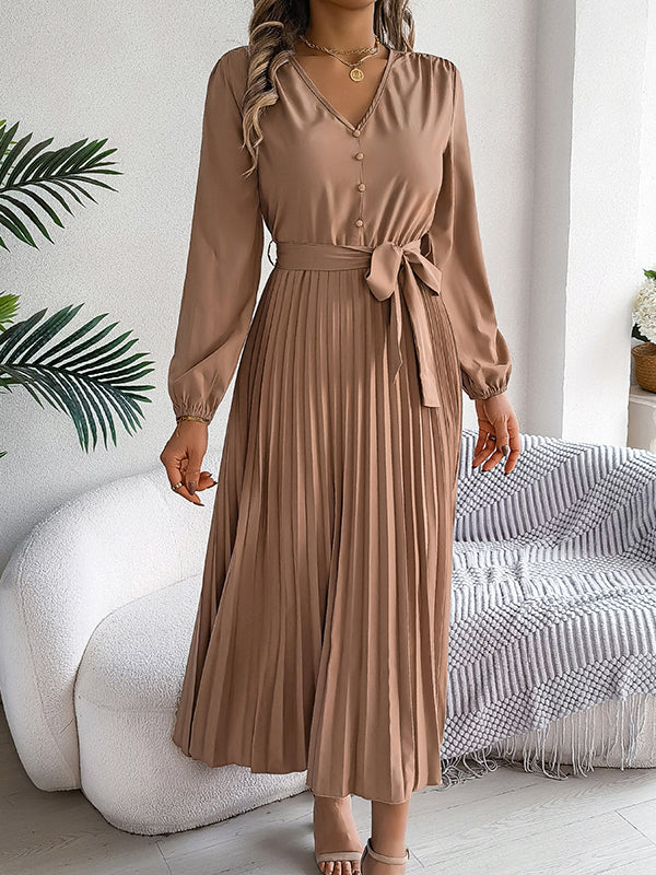 Robe longue boutonnée plissée taille haute, à manches longues, avec ceinture, à col en V, couleur unie