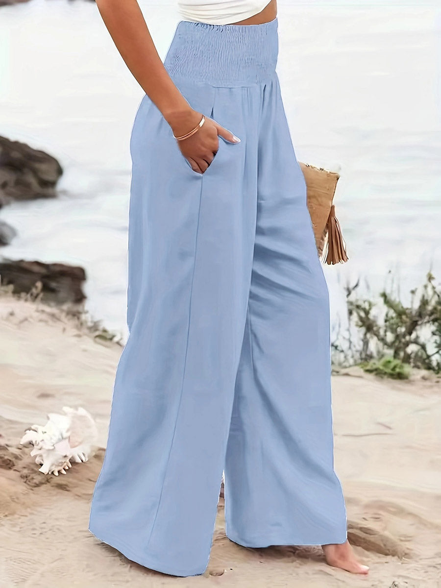 Pantalon plissé à taille élastique, taille haute, à poches, à empiècements, couleur unie