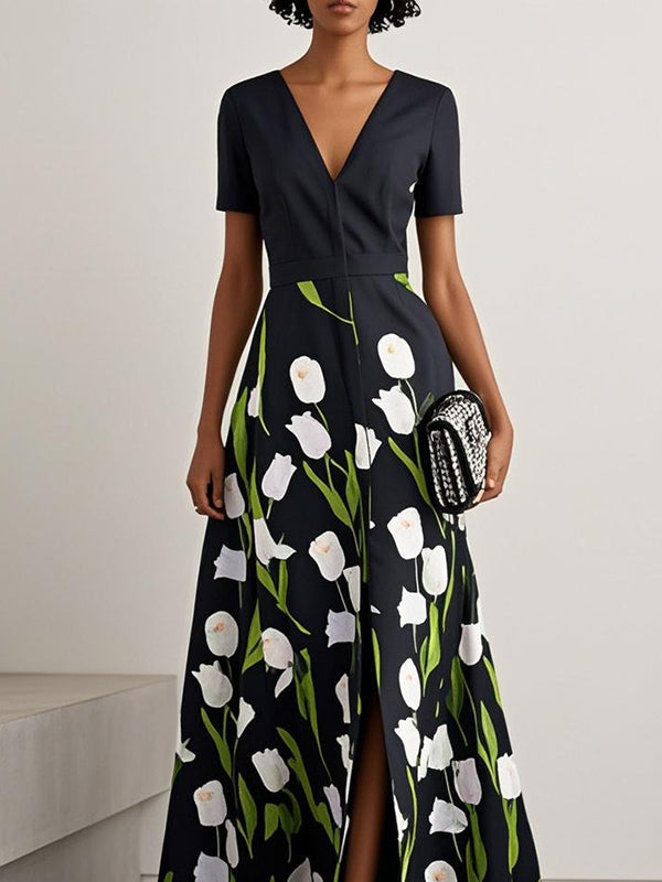 Robe longue fendue devant coupe trapèze, taille haute, à imprimé floral, à col en V