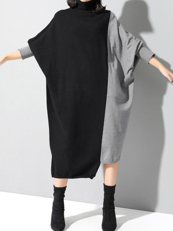 Robe décontractée ample à empiècements, à col haut, à manches longues, couleur contrastée