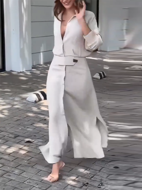 Robe chemise ample fendue sur le côté à manches longues, à empiècements, à col en V