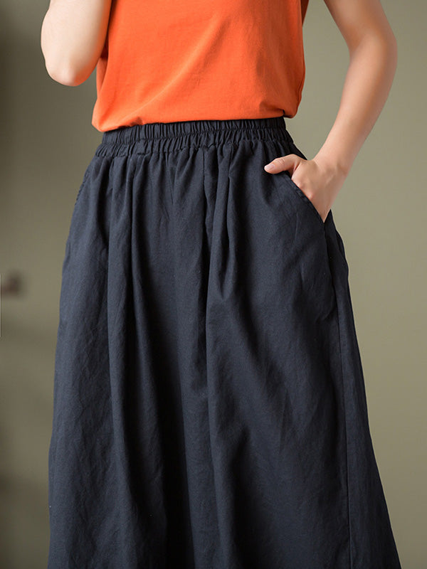Knickerbockers à jambes larges et amples en lin, couleur unie, cordon de serrage plissé
