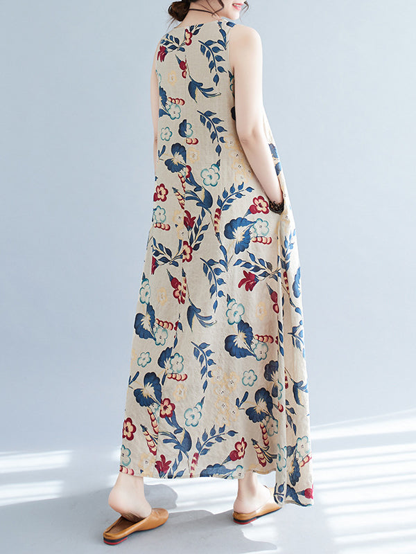 Robe longue ample sans manches, à imprimé floral, à col rond