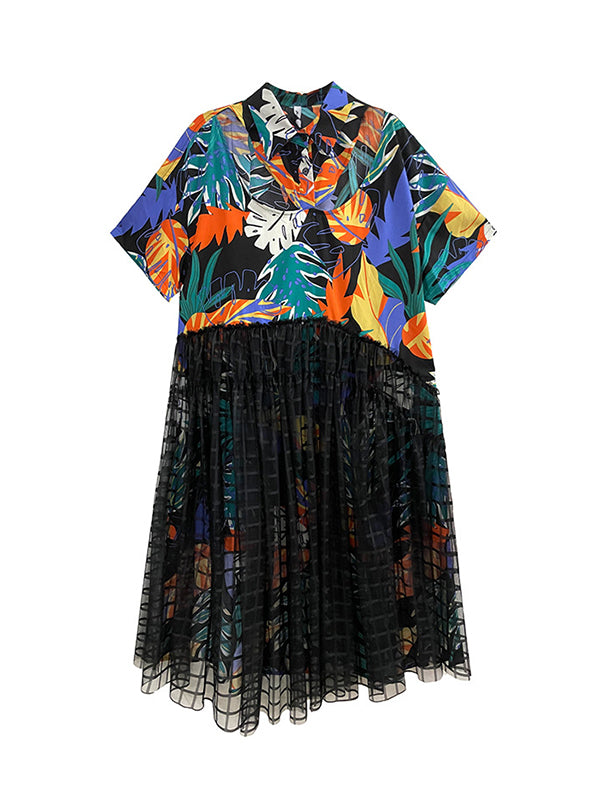Robe mi-longue ample boutonnée ajourée imprimée coupe trapèze, en résille, à empiècements, à col revers