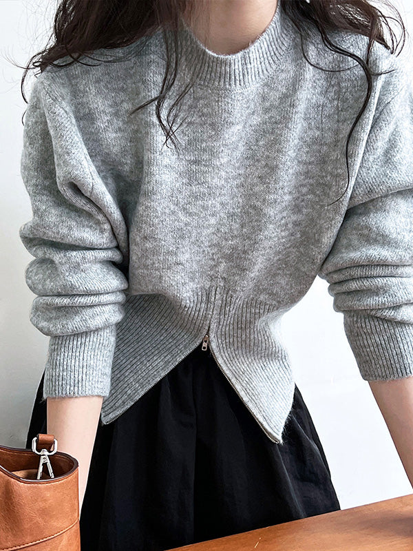 Pull ample à manches longues, à fermeture éclair, à col cheminée, couleur unie