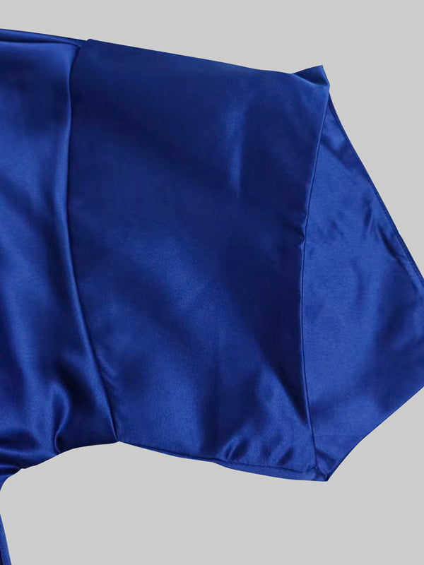 Robe longue ample asymétrique plissée à manches trois-quarts, à empiècements, à col rond
