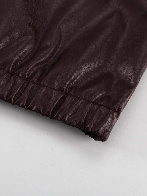 Veste ample à manches longues, à taille élastique, à fermeture éclair, à col revers, couleur unie