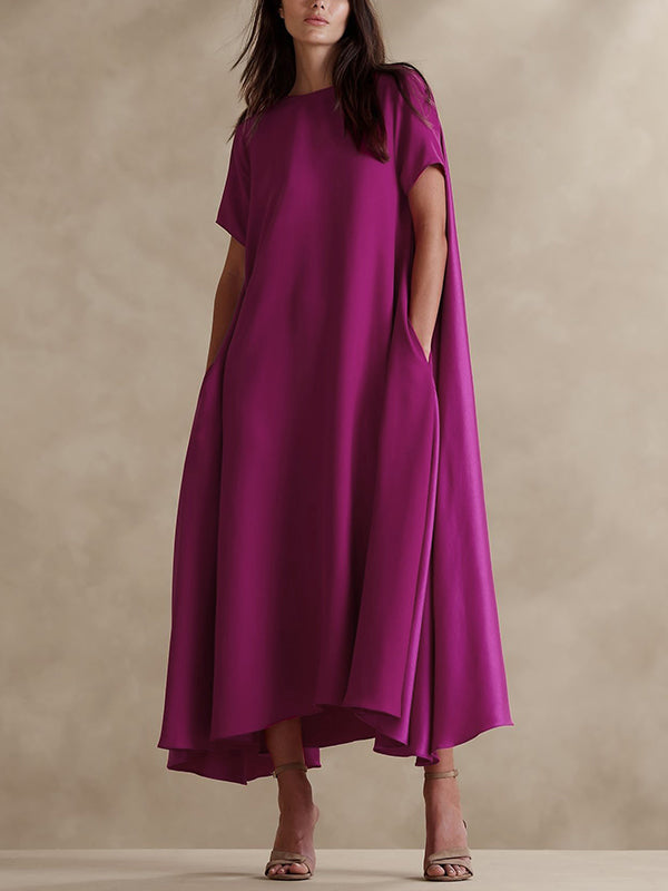 Robe longue ample à manches courtes, à poches, à col rond, couleur unie