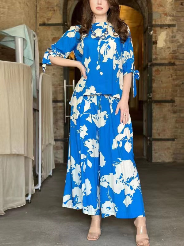 Ensemble deux pièces noué à imprimé floral, à col rond, à jambes larges – t-shirt + pantalon