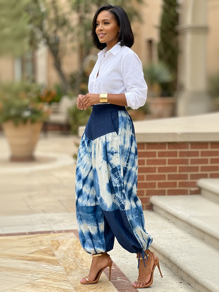 Pantalon resserré aux chevilles imprimé à empiècements, taille haute, couleur contrastée