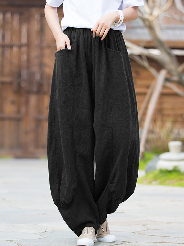 Pantalon en lin décontracté à jambes larges, taille haute, couleur unie, 7 couleurs