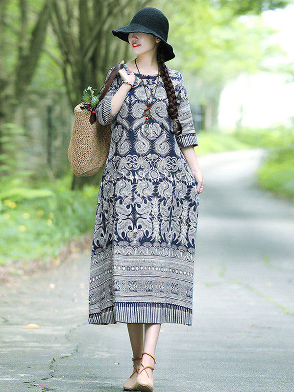 Robes mi-longues imprimées en mélange de coton vintage
