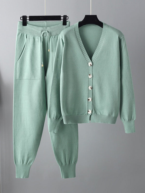 Ensemble deux pièces décontracté ample à col en V, couleur unie – cardigan + sarouel