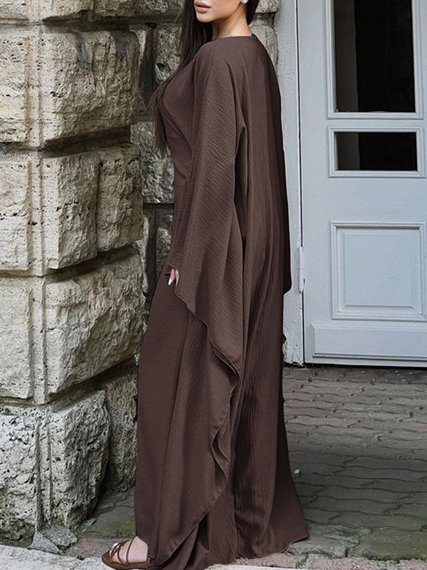 Robe longue à manches chauve-souris, à manches longues, à col rond, couleur unie