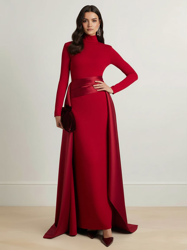 Robe longue moulante asymétrique à taille élastique, à empiècements, à col haut, couleur unie