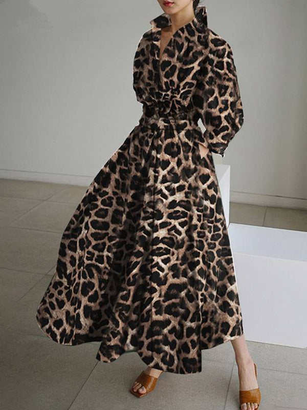Robe longue boutonnée taille haute, à manches longues, à imprimé léopard, à col revers