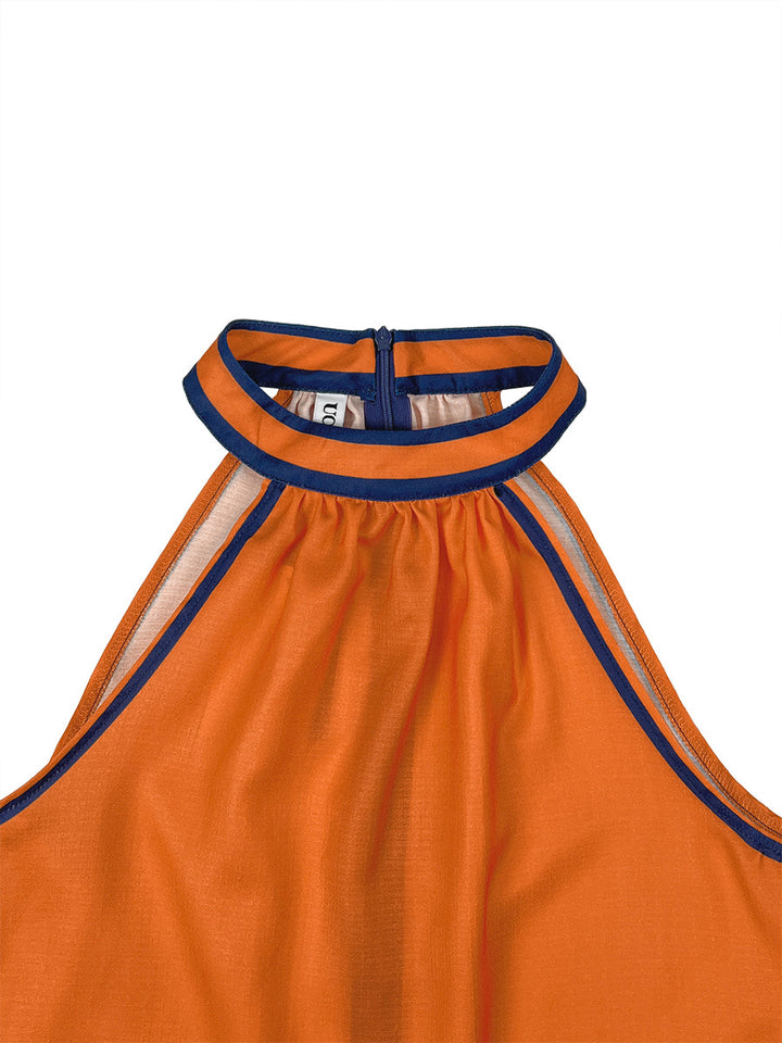Robe courte sans manches, à poches, à fermeture éclair, à col licou, couleur contrastée