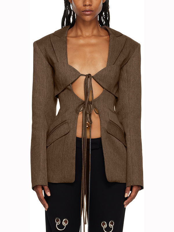 Blazer ample noué à manches longues, à poches, à col cranté, couleur unie