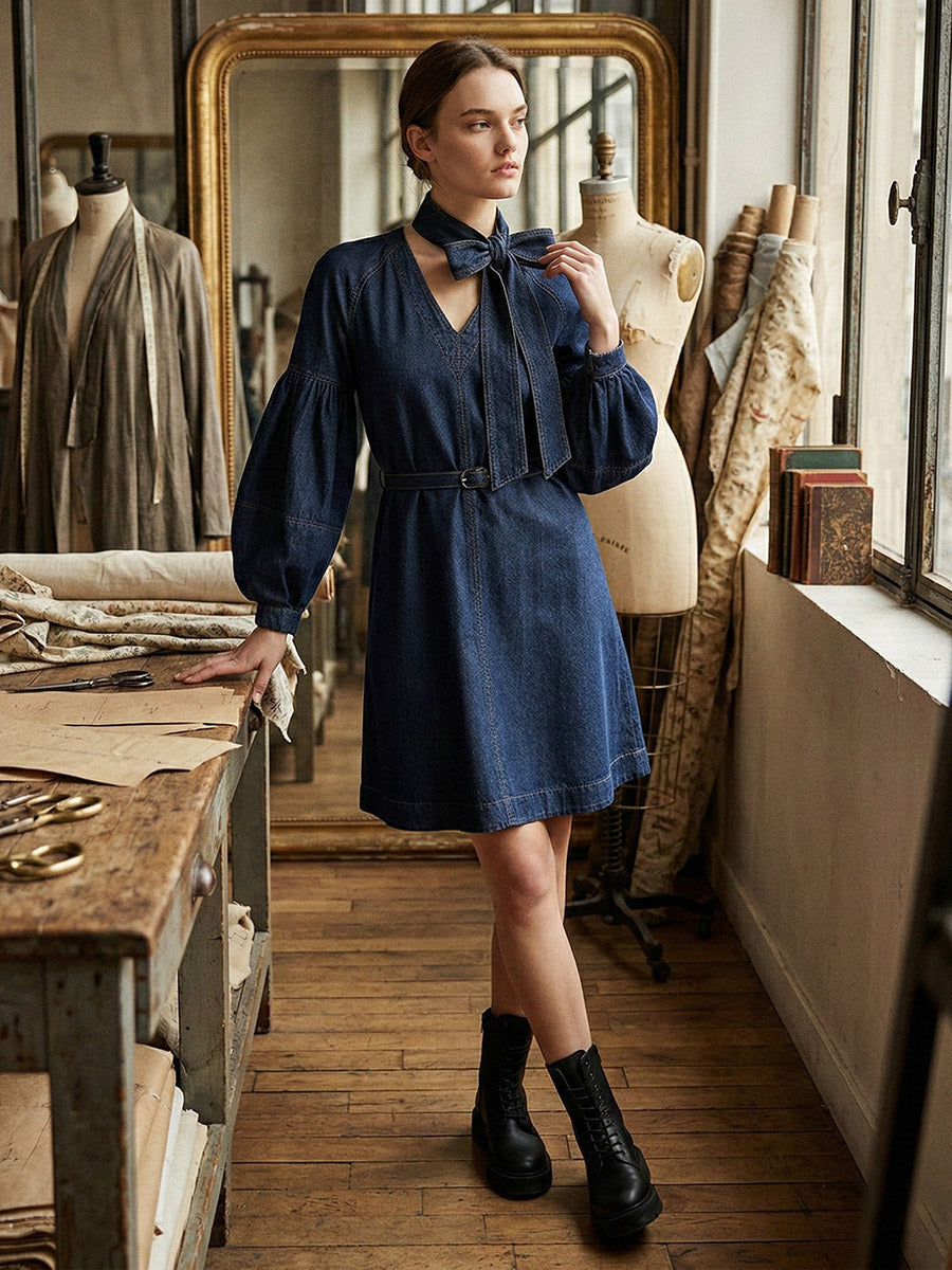 Robe courte à manches longues, à manches bouffantes, avec ceinture, à nœud, à col en V, couleur unie