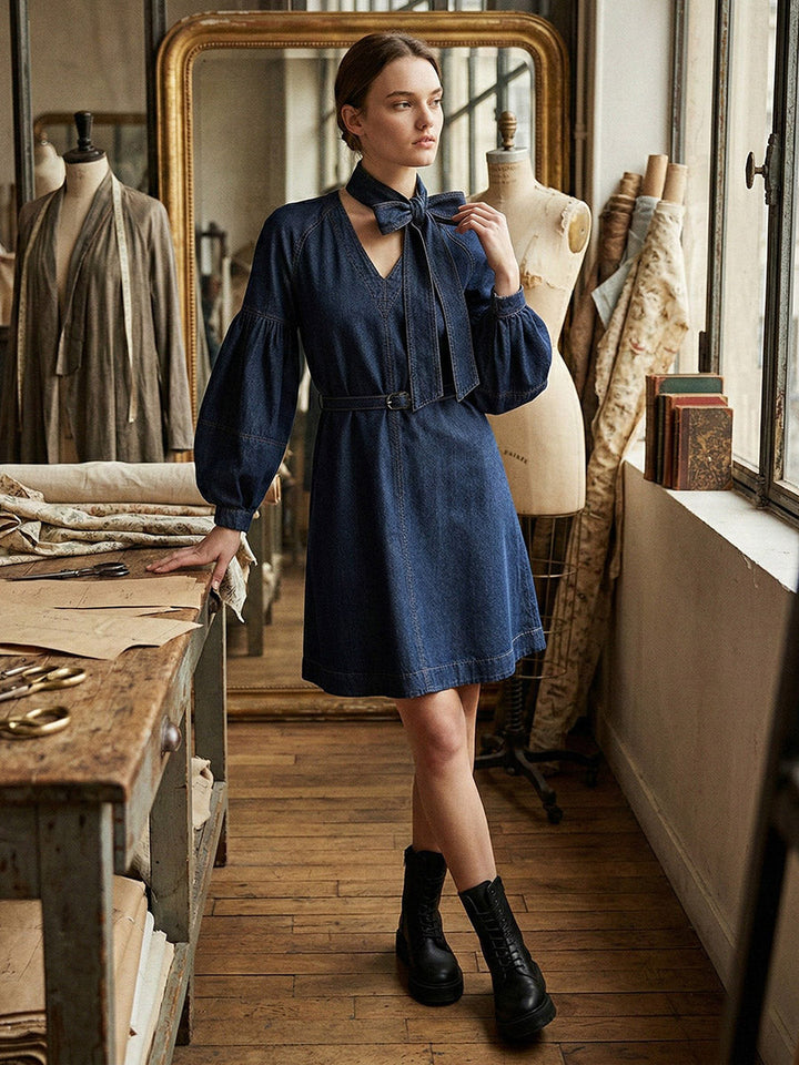 Robe courte à manches longues, à manches bouffantes, avec ceinture, à nœud, à col en V, couleur unie