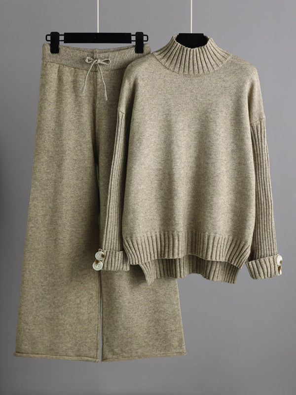 Pull urbain à manches longues et demi-col roulé de couleur unie & Pantalon large Ensemble deux pièces
