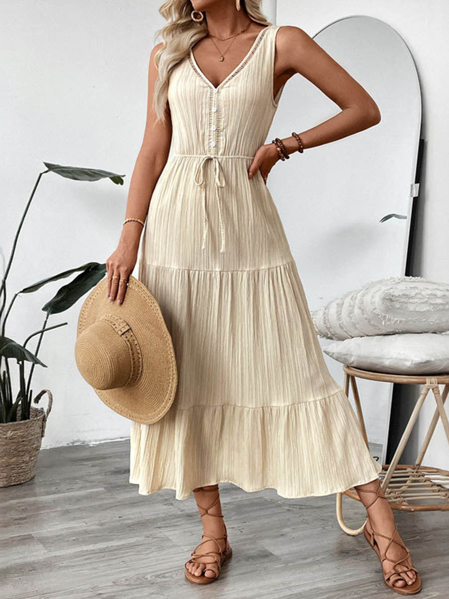 Robe longue boutonnée plissée coupe trapèze, taille haute, à taille nouée, à col en V, couleur unie