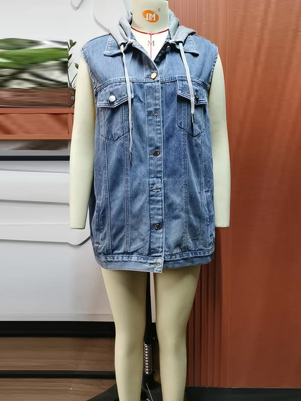 Gilet sans manches ample boutonné amovible à cordon de serrage, à capuche, à poches, à empiècements, col polo