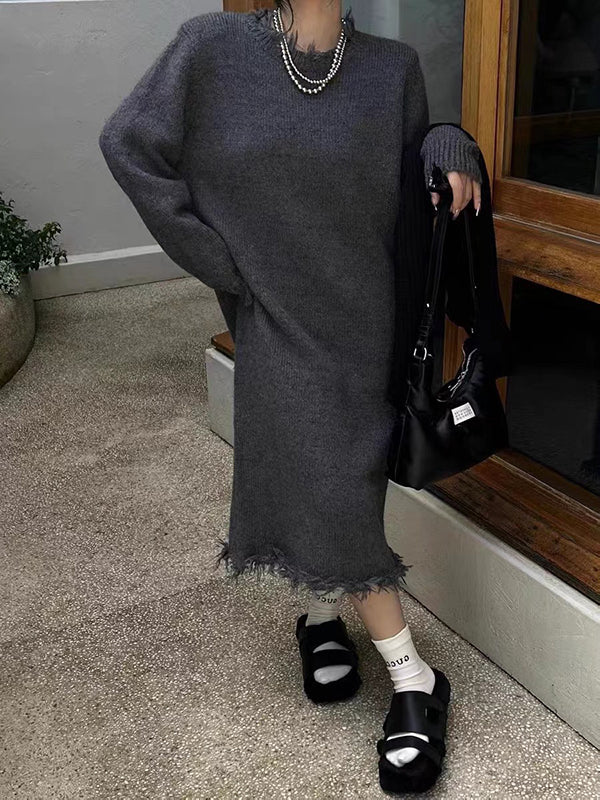Robe pull taille haute, à manches longues, à franges, à col rond, couleur unie