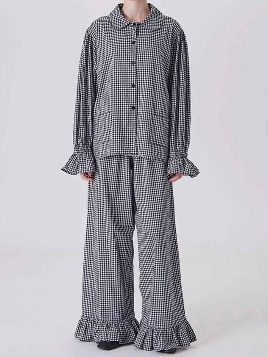 Ensemble deux pièces ample volanté boutonné à carreaux, à empiècements, à manches longues, à col revers, couleur contrastée – chemisier + pantalon